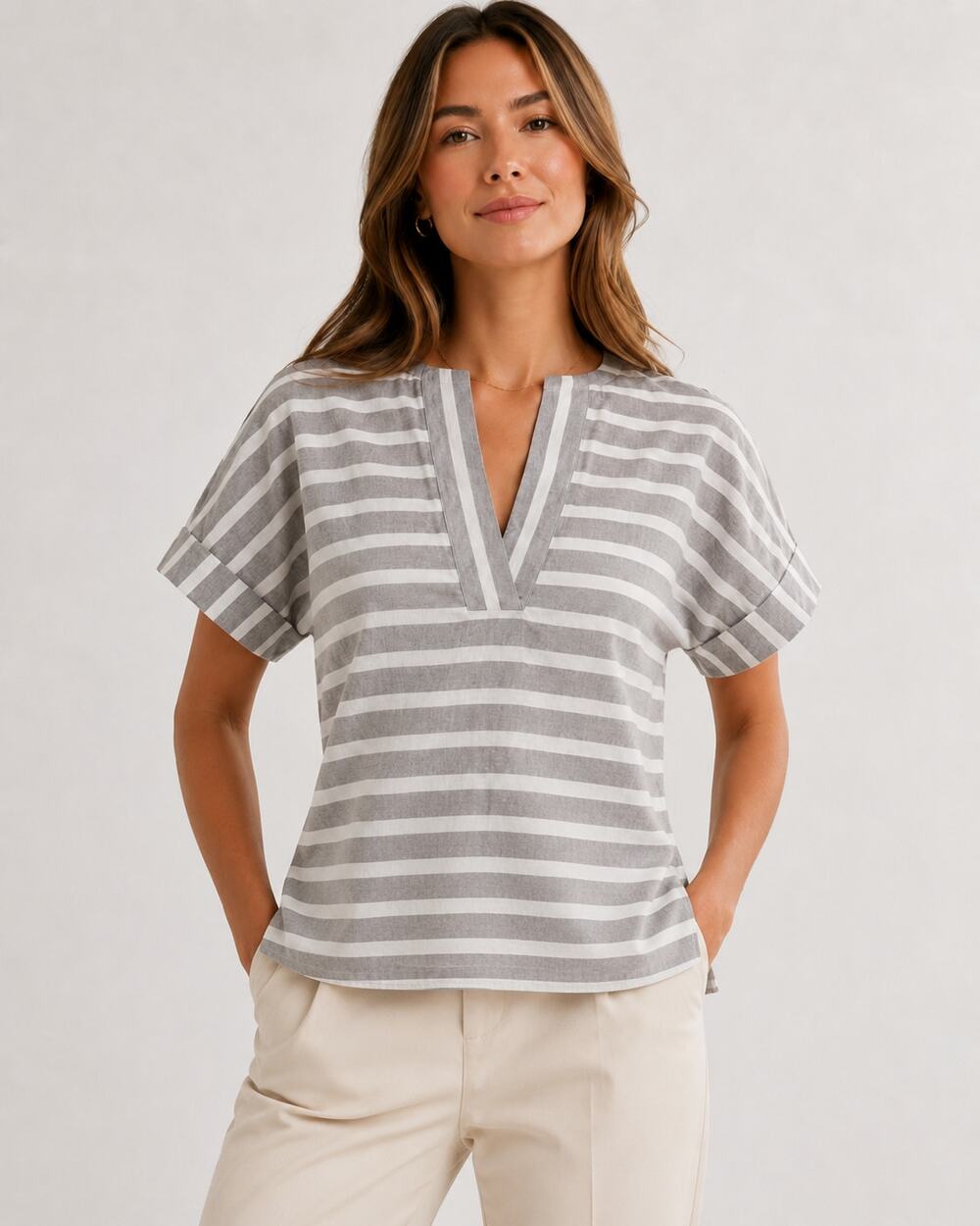 ATM Anthony Thomas Melillo Grey White Striped Short Sleeve Blouse XS V Neck